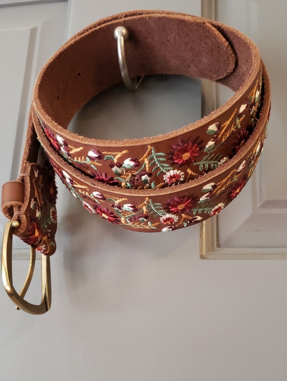 Lucky Brand Brown Leather Belt with Multicolor Floral Embroidery S